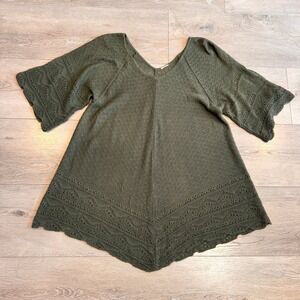 Olive Green Pointelle Knit Poncho Top V-Neck Handkerchief Hem Bohemian Medium M